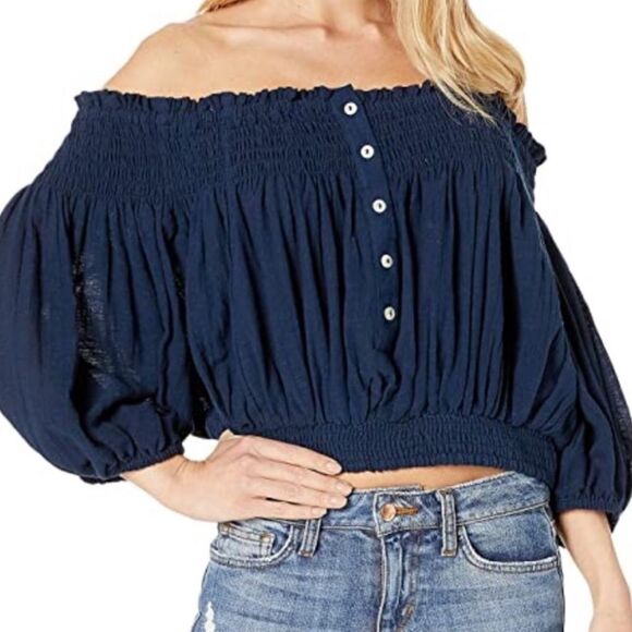 Free People We the Free Dancing Til Dawn Navy Off the Shoulder Crop Top SZ SM - Picture 1 of 5